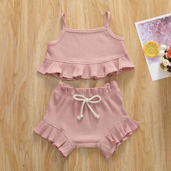 Two Piece Sets for Girls Cute Going-Out Outfits 0-24M Newborn Toddlers Kids Solid Color Sleeveless Tank Tops and Shorts Loungewear Set