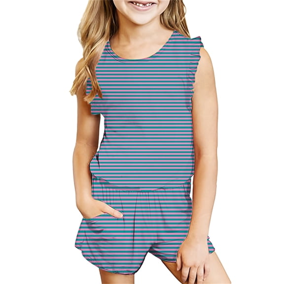 Two Piece Sets for Girls Going-Out Outfits 3-14 Years Toddlers Teens Casual Stripe Printed Sleeveless Tank Tops and Shorts Set with Pockets