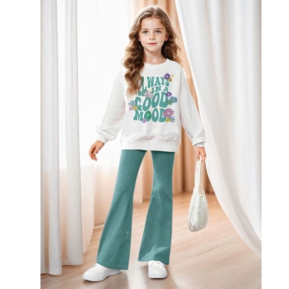 Two Piece Sets for Girls Long Sleeve Letter Print Sweatshirt and Flared Pants Sets Girls Spring Clothes Back to School Clothes 11-12 Years