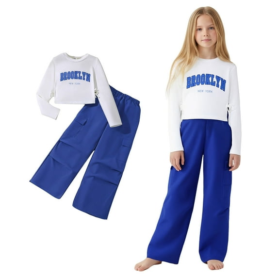 Two Piece Sets for Girls Long Sleeve Letter Print T-Shirt Top and Cargo Pants Set Girls Spring Outfits Cute Girls Outfits 7-8 Years