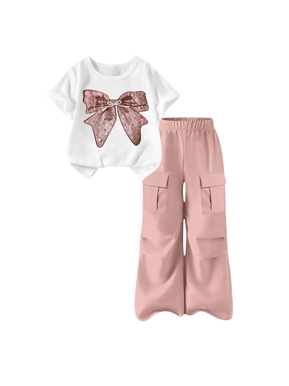 Two Piece Sets for Girls, Girls Clothing, Bow Printed Short Sleeve T-Shirt and Cargo Pants Outfits,Pink,9 Years