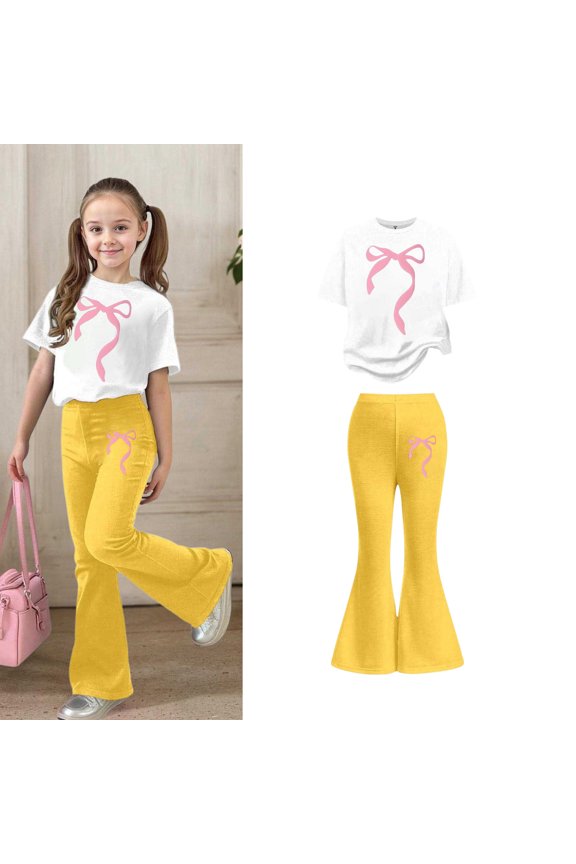 Two Piece Sets for Girls Short Sleeve Bow T-Shirt Top and Flared Pants Set Girl Spring Clothes for 11-12 Years