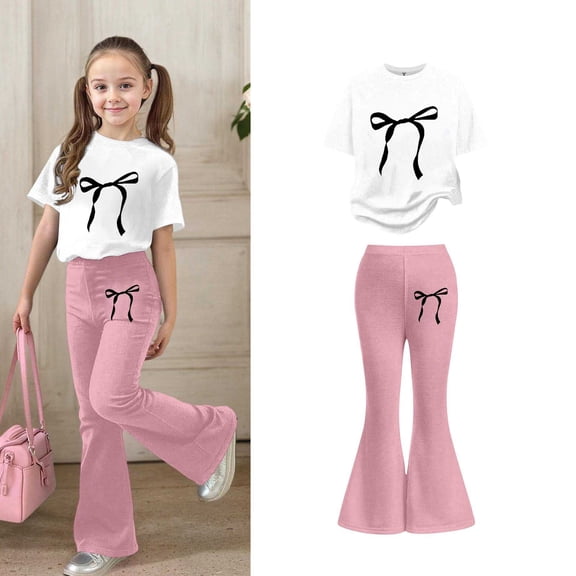 Two Piece Sets for Girls Short Sleeve Bow T-Shirt Top and Flared Pants Set Girls Spring Clothes Girls Size 7-8 Years Outfits