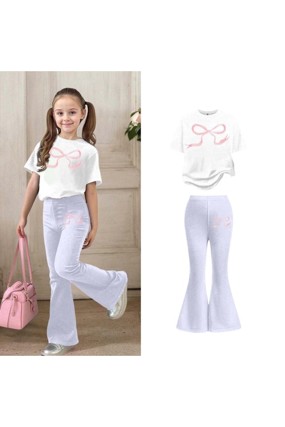 Two Piece Sets for Girls Short Sleeve Bow T-Shirt Top and Flared Pants Set Girls Summer Clothes Girl Clothes Size 7-8 Years