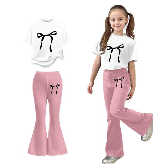 Two Piece Sets for Girls Short Sleeve Bow T-Shirt Top and Flared Pants Set Spring Clothes Size 7-8 Years Girls Clothes