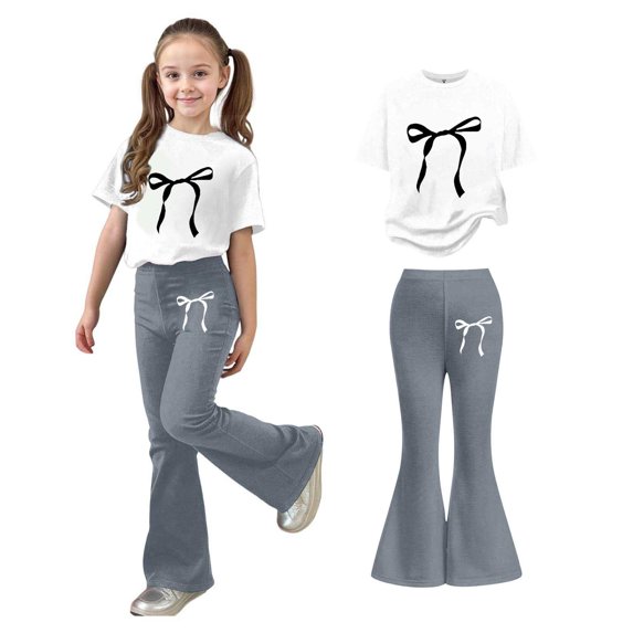 Two Piece Sets for Girls Short Sleeve Bow T-Shirt Top and Flared Pants Sets Girls Summer Clothes Girls Size 12-13 Years Clothes