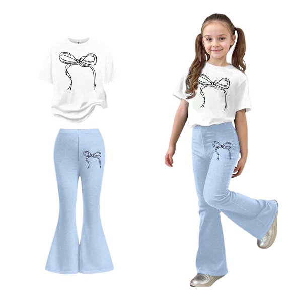 Two Piece Sets for Girls Short Sleeve Bow T-Shirt Top and Flared Pants Sets Spring Clothes Back to School Outfits for Teen Girls 7-8 Years
