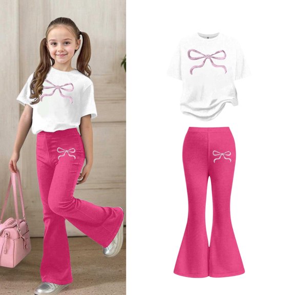 Two Piece Sets for Girls Short Sleeve Bow T-Shirt Top and Flared Pants Sets Spring Clothes Tween Outfits 7-8 Years Girls Trendy