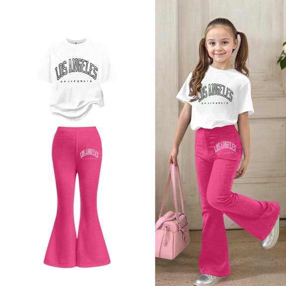 Two Piece Sets for Girls Short Sleeve Letter Print T-Shirt Top and Flared Pants Set Summer Outfits Kids Clothes Girls 7-8 Years