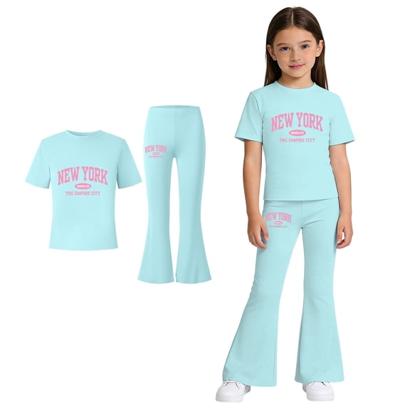 Two Piece Sets for Girls Short Sleeve Letter Print T-Shirt Top and Flared Pants Sets Summer Clothes Cute Outfits for Girls 7-8 Years