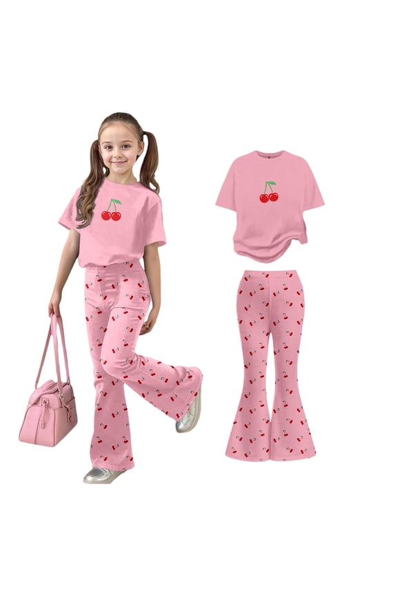 Two Piece Sets for Girls Short Sleeve T-Shirt Top and Flared Pants Set Summer Clothes for Girls 7-8 Years