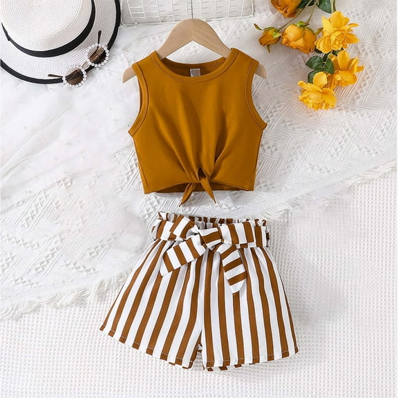 Two Piece Sets for Girls Shorts and Sleeveless Tank Tops Going-Out Outfits Toddlers Kids Cute Stripe Printed Vacation Travel Suits Set