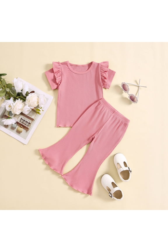 Two Piece Sets for Girls Size 1-5 Cute Going-Out Outfits Toddlers Kids Solid Color Ruffle Short Sleeve Tops and Pants Suits Set Summer