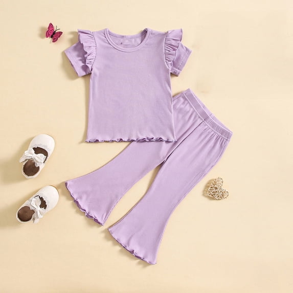 Two Piece Sets for Girls Size 1-5 Cute Going-Out Outfits Toddlers Kids Solid Color Ruffle Short Sleeve Tops and Pants Suits Set Summer