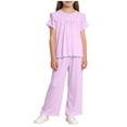 thumbnail image 1 of Two Piece Sets for Grils Crew Neck Ruffle Short Sleeve Tops and Elastic Waist Shorts Cute Comfy Soft Lounge Kids Summer Outfit Set 1-16 Years, 1 of 5