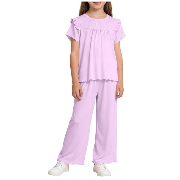 Two Piece Sets for Grils Crew Neck Ruffle Short Sleeve Tops and Elastic Waist Shorts Cute Comfy Soft Lounge Kids Summer Outfit Set 1-16 Years