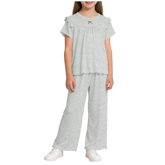 Two Piece Sets for Grils Crew Neck Ruffle Short Sleeve Tops and Elastic Waist Shorts Cute Comfy Soft Lounge Kids Summer Outfit Set 1-16 Years