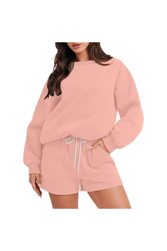 Two Piece Sets for Women 2024 Fall Outfits Sweatsuit Sweat Short Sets Casual Matching Set Travel Tracksuit Biker Sets 2 Piece Outfits S-81 Pink-a M