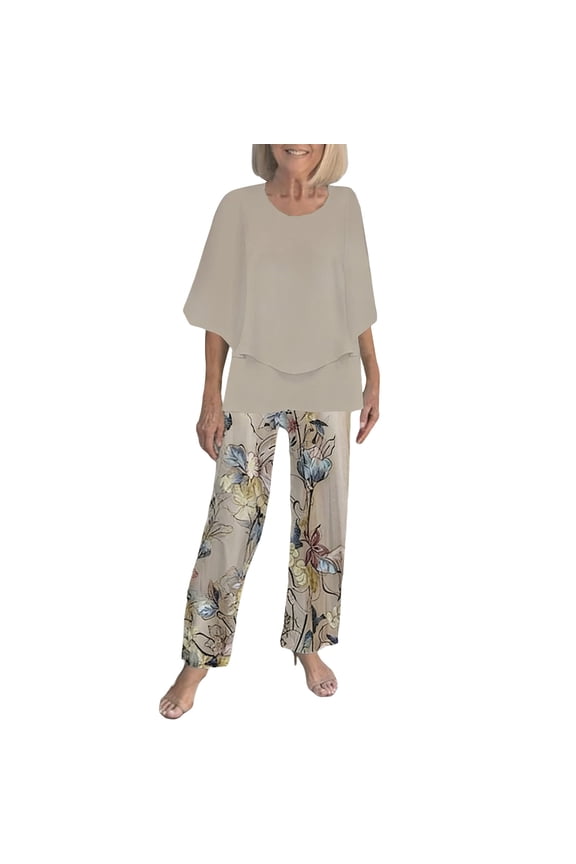 Two Piece Sets for Women 2026 Casual Round Collar Middle Sleeve Top Printed Floral Pants Suit