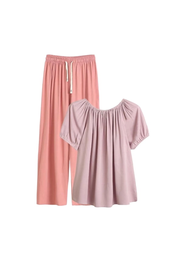 Two Piece Sets for Women 2026 Solid Color Short Sleeve Off-The-Shoulder Tops Drawstring Pants Sets