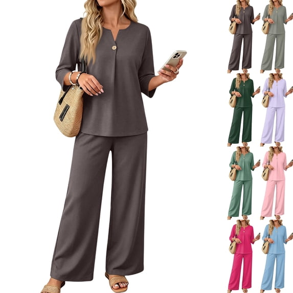 Two Piece Sets for Women 3/4 Length Sleeve Lounge Sets Summer Fall Vacation Travel Outfits Fashion Clothing Brown XL