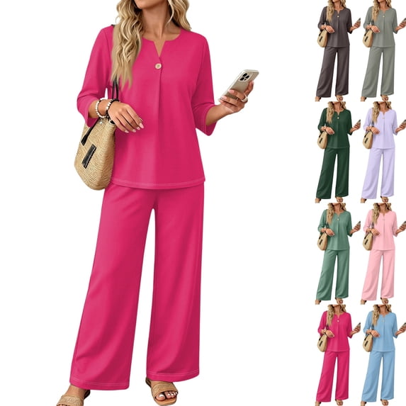 Two Piece Sets for Women 3/4 Length Sleeve Lounge Sets Summer Fall Vacation Travel Outfits Fashion Clothing Hot Pink M