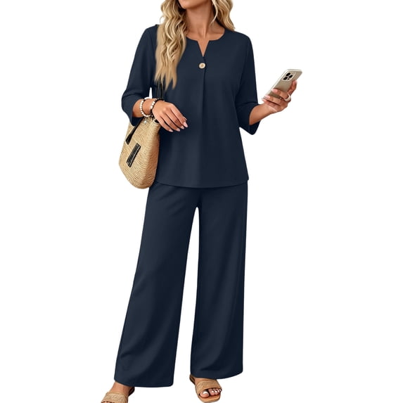 Two Piece Sets for Women 3/4 Length Sleeve Lounge Sets Summer Spring Vacation Travel Outfits Fashion Clothing Navy 2XL