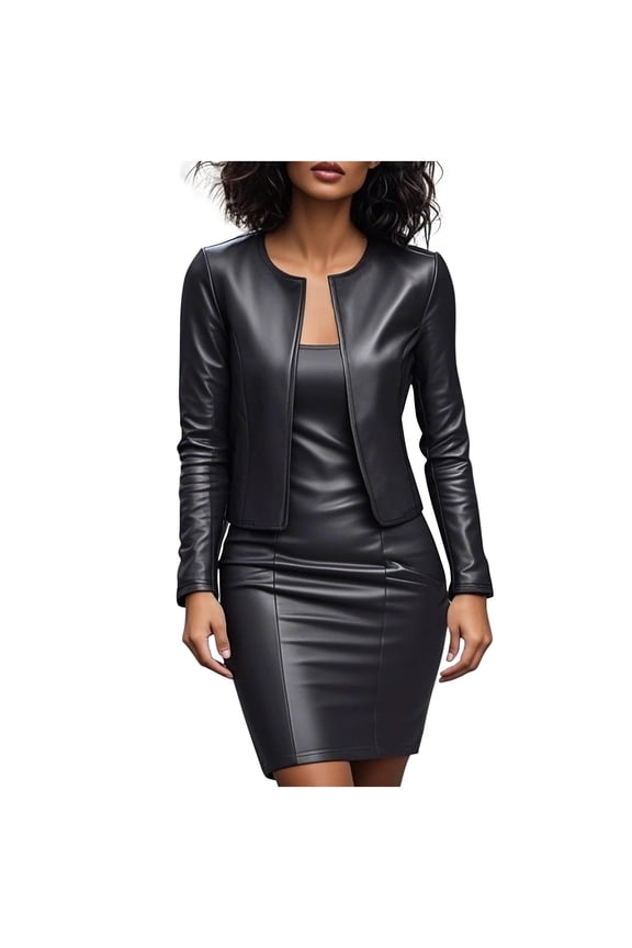 Two Piece Sets for Women Business Faux Leather Suit Set for Work Slip Dress Matching Set Trendy Fall Outfit Black L