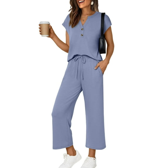 Two Piece Sets for Women Cap Sleeve Henley Neck Tops Wide Leg Pants Lounge Set Casual Sweatsuits Outfits Tracksuit