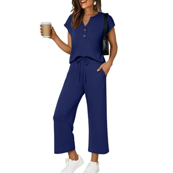 Two Piece Sets for Women Cap Sleeve Henley Neck Tops Wide Leg Pants Lounge Set Casual Sweatsuits Outfits Tracksuit