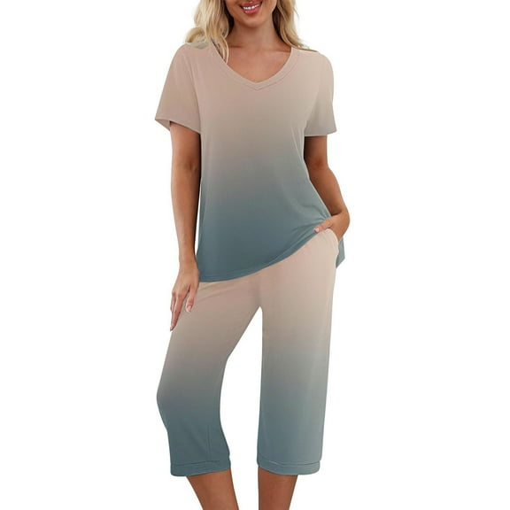 Two Piece Sets for Women Capris Short Sleeve Tee Shirts and High Waisted Trousers Sleep Wear Women Lounge Set