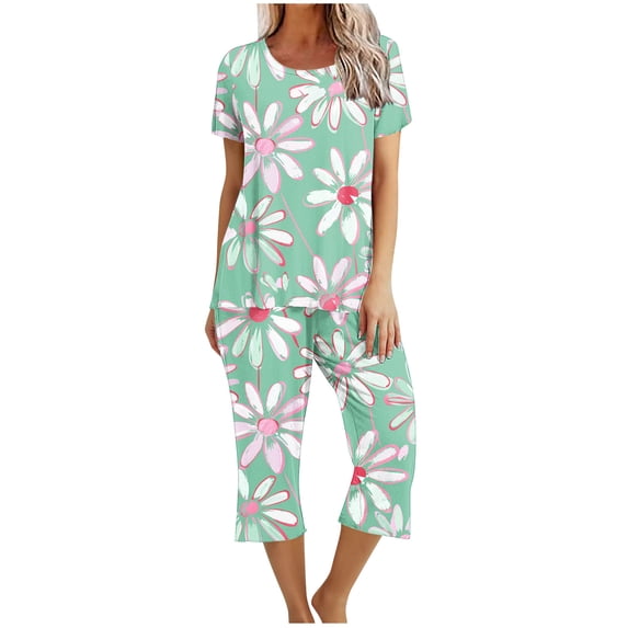 Two Piece Sets for Women Casual Round Neck Short Sleeve Tops Blouse Fashion Pants Pajamas Suit