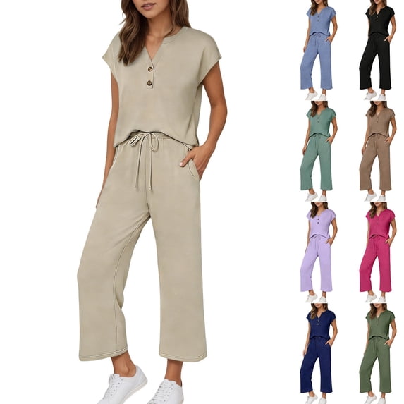 Two Piece Sets for Women Casual Solid Color Short Sleeve V Neck Top with Wide Leg Drawstring Trousers Loose Outfit for Daily Wear