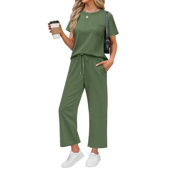 Two Piece Sets for Women Casual Summer Travel Vacation Outfits Short Sleeve Tops Wide Leg Pants Lounge Sets
