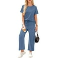 thumbnail image 1 of Two Piece Sets for Women Casual Travel Vacation Outfits Summer Short Sleeve Tops Wide Leg Crop Pants Lounge Sets Blue S, 1 of 7