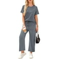 thumbnail image 1 of 2 Piece Sets for Women Casual Summer Travel Vacation Outfits Short Sleeve Wide Leg Crop Pants Lounge Sets Navy M, 1 of 2