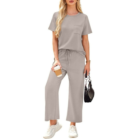 Two Piece Sets for Women Casual Travel Vacation Outfits Summer Short Sleeve Tops Wide Leg Crop Pants Lounge Sets Saffron XXL