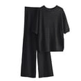 thumbnail image 1 of Two Piece Sets for Women Cooling Summer Outfits Loose Textured Short Sleeve Tops and Wide Leg Ribbed Pants Suits One Size (Free Size, Black), 1 of 3