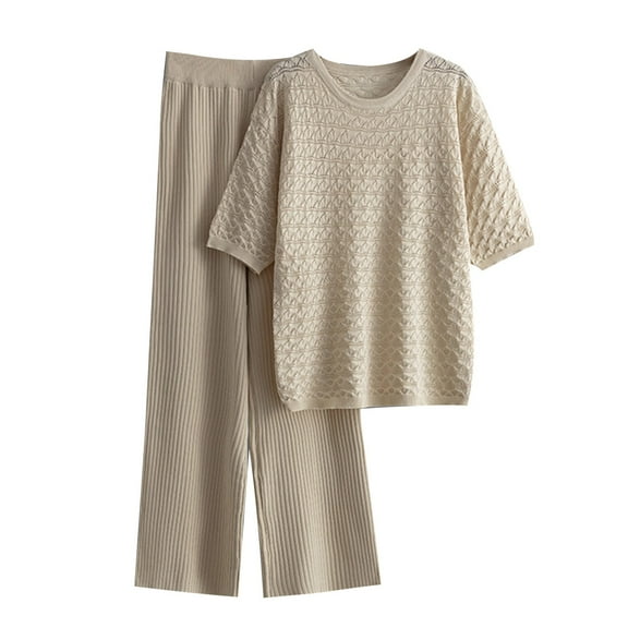 Two Piece Sets for Women Cooling Summer Outfits Loose Textured Short Sleeve Tops and Wide Leg Ribbed Pants Suits One Size (Free Size, Khaki)