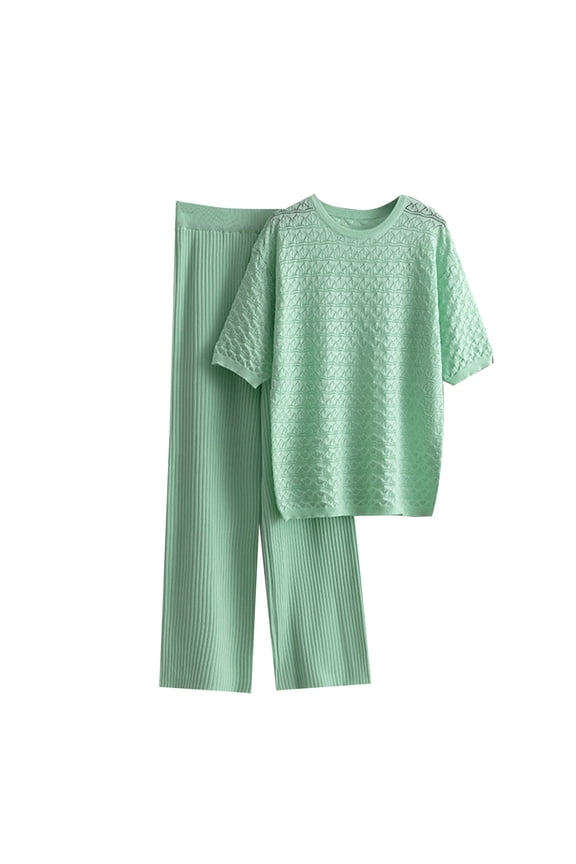 Two Piece Sets for Women Cooling Summer Outfits Loose Textured Short Sleeve Tops and Wide Leg Ribbed Pants Suits One Size (Free Size, Light Blue)