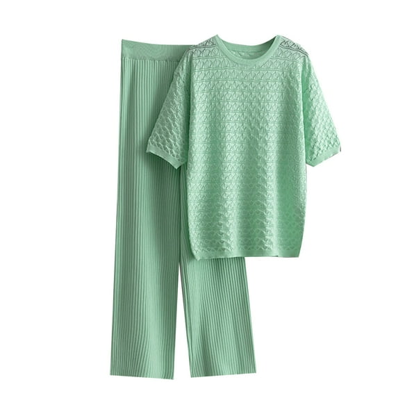 Two Piece Sets for Women Cooling Summer Outfits Loose Textured Short Sleeve Tops and Wide Leg Ribbed Pants Suits One Size (Free Size, Light Blue)