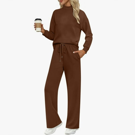 Two Piece Sets for Women Cozy Long Sleeve Mock Neck Matching Sets Fall Winter Casual Outfit with Pockets Coffee M