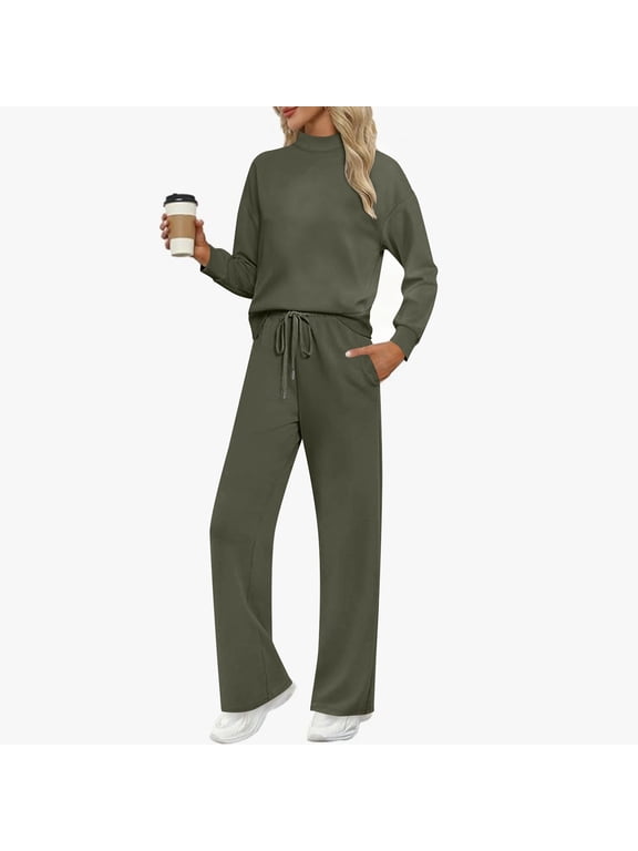 Two Piece Sets for Women Cozy Long Sleeve Mock Neck Matching Sets Fall Winter Casual Outfit with Pockets Olive Green M