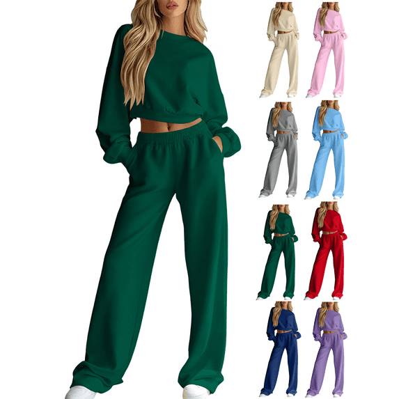 Two Piece Sets for Women Crew Neck Long Sleeve Cropped Top Wide Leg Pants Lounge Set Cozy Sweatsuits Fashion 2026