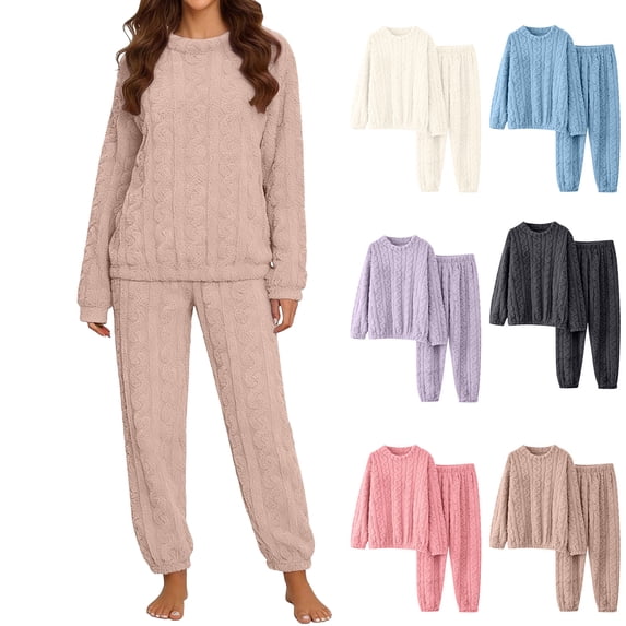 Nightgowns for Women Dqueduo Women's Fleece Cable Knit Pajama Set – Cozy Loose Homewear for Fall & Winter Khaki XL