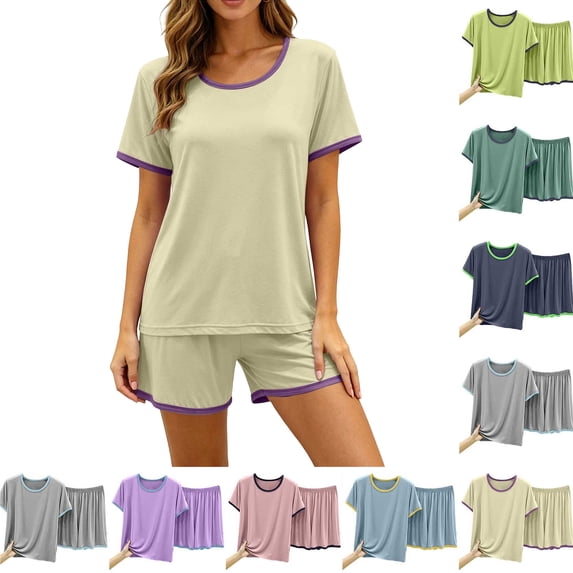 Pajamas for Women Set Dqueduo Women's Solid Color Crew Neck Short Sleeve Top & Shorts Pajama Set – Contrast Piping Loungewear
