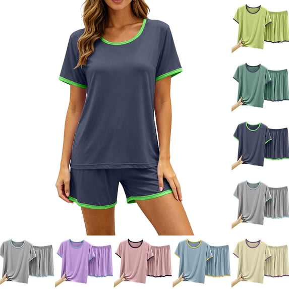 Pajamas for Women Set Dqueduo Women's Solid Color Crew Neck Short Sleeve Top & Shorts Pajama Set – Contrast Piping Loungewear