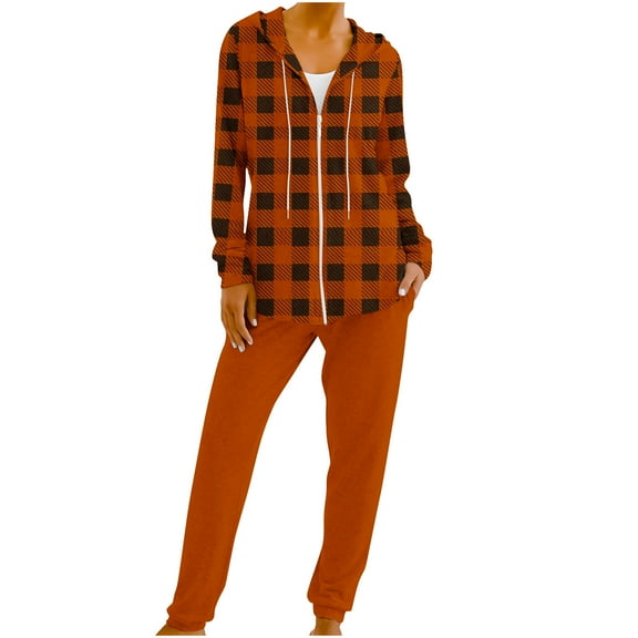 Two Piece Sets for Women Drawstring Sweatsuits Zip Up Hoodie and Sweatpants Print Hooded Top Pants Tracksuits (Orange M)