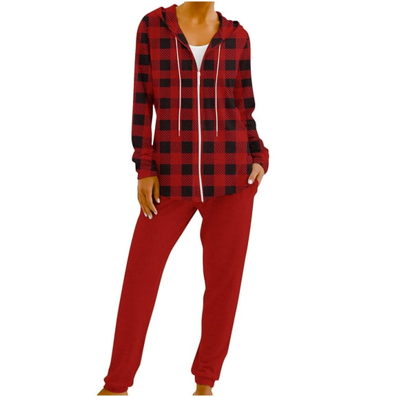 Two Piece Sets for Women Drawstring Sweatsuits Zip Up Hoodie and Sweatpants Print Hooded Top Pants Tracksuits (Red L)