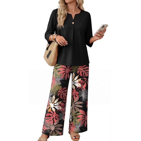 Two Piece Sets for Women Dressy Lounge Sets Summer Vacation Outfits 3/4 Sleeve V Neck Button Top Leaf Print Wide Leg Pants Set with Pockets